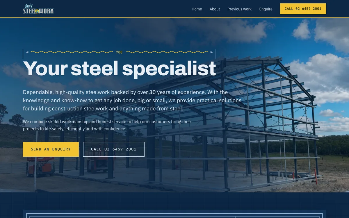 The Jindy Steelworx homepage: a steel building frame under construction behind the headline &ldquo;Your steel specialist&rdquo; and a send-an-enquiry button.