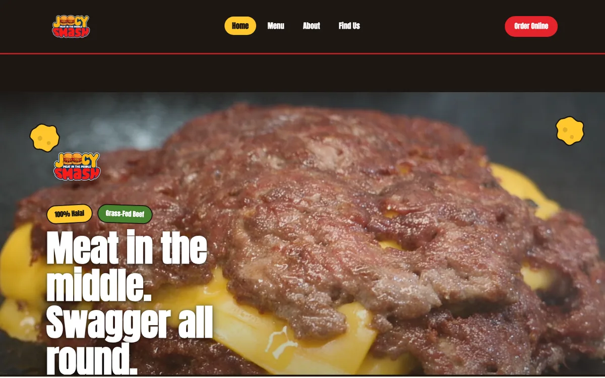 The Joocy Smash homepage: the shop&rsquo;s logo and menu links above a close-up photograph of a smash burger, with the headline &ldquo;Meat in the middle.&rdquo;